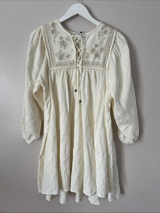 Unsubscribed Dresses & Skirts - Boho Lace-Up Cream Embroidered Mini Dress